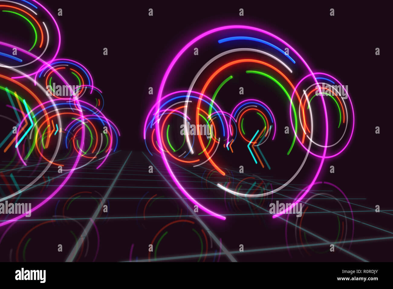 Résumé fond avec lumière néon cercles en perspective 3D. Illustration futuriste. Banque D'Images
