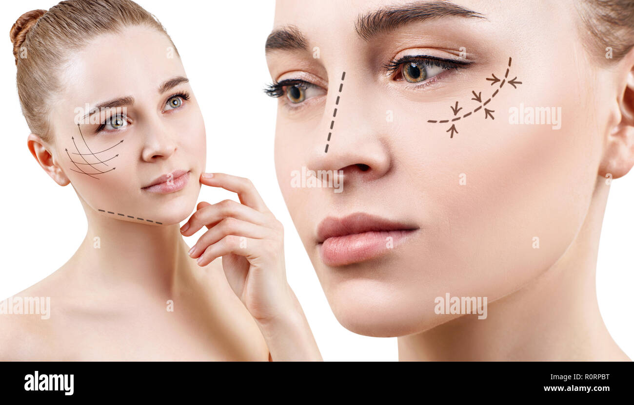 Collage de jeune femme avec les flèches de levage sur le visage. Banque D'Images