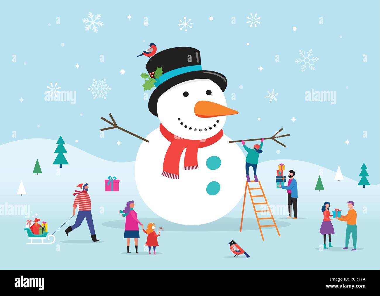 Joyeux Noël, l'arrière-plan, carte bannner avec un énorme bonhomme de neige et les petites gens, les jeunes, hommes et femmes, des familles s'amusant dans la neige Illustration de Vecteur