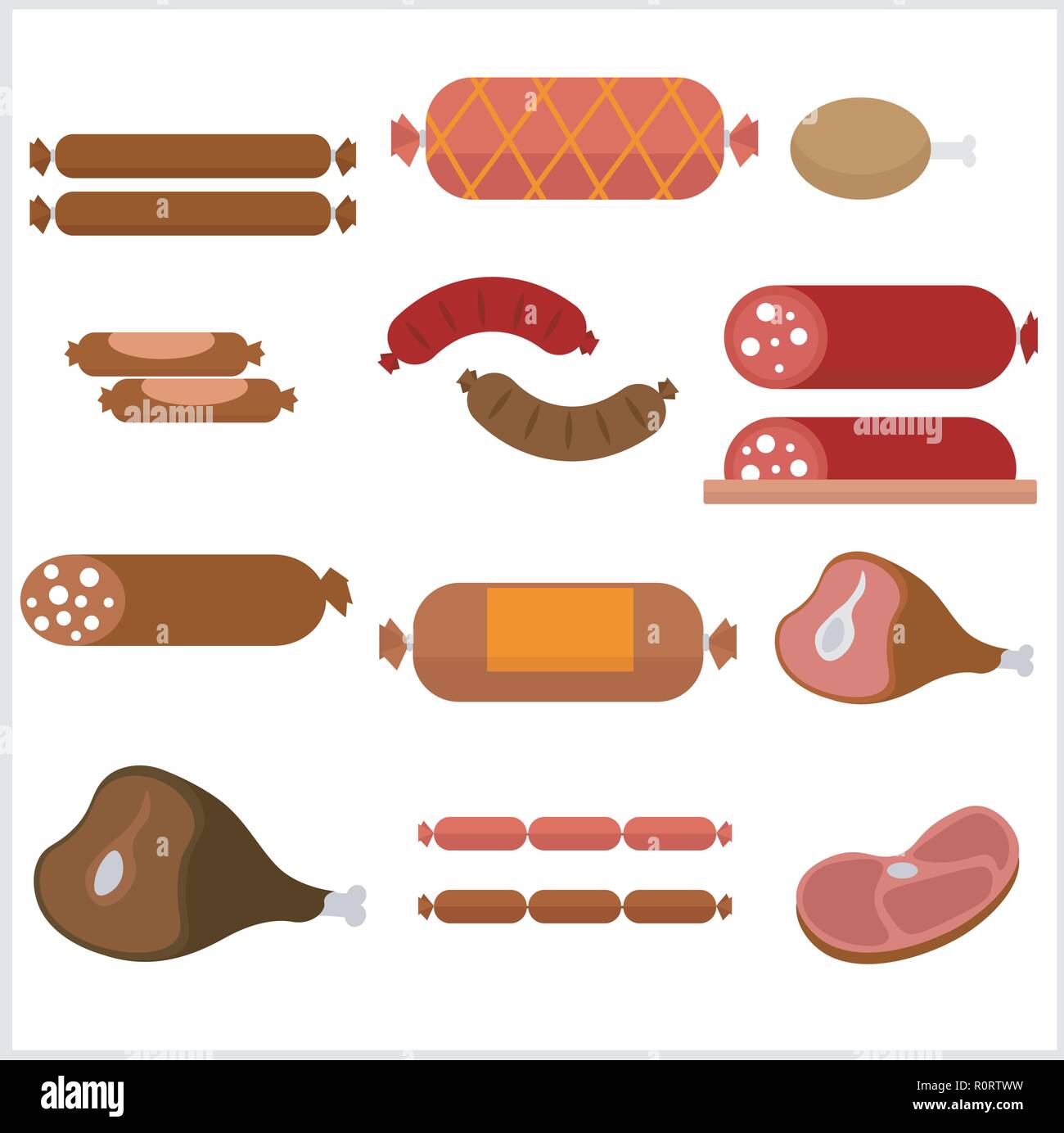 Vector produits de viande. Boeuf, porc, jambon, poulet, jambon, bacon, Sauvage, Frankfurter. Des dessins sur le thème de la nourriture dans un style de dessin animé. Illustration de Vecteur