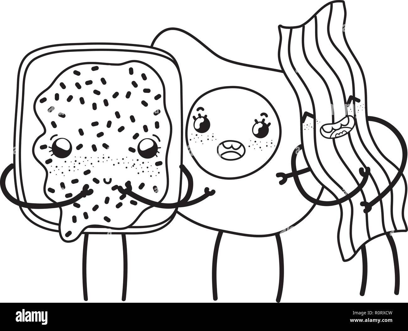 Cuisine et nourriture kawaii dessins animés en noir et blanc Illustration de Vecteur