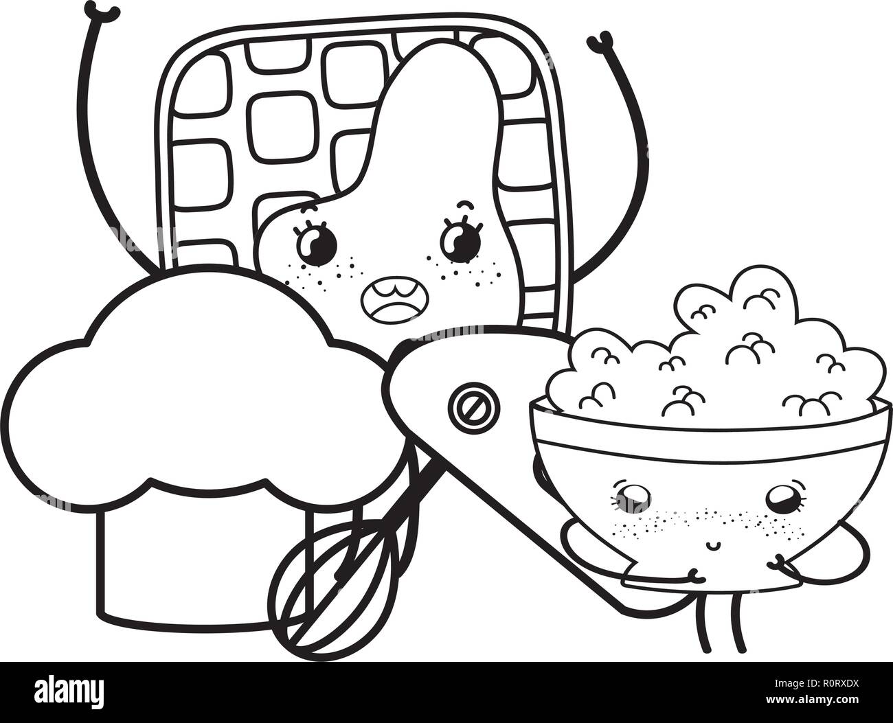 Cuisine Et Nourriture Kawaii Dessins Animés En Noir Et Blanc Image  Vectorielle Stock - Alamy