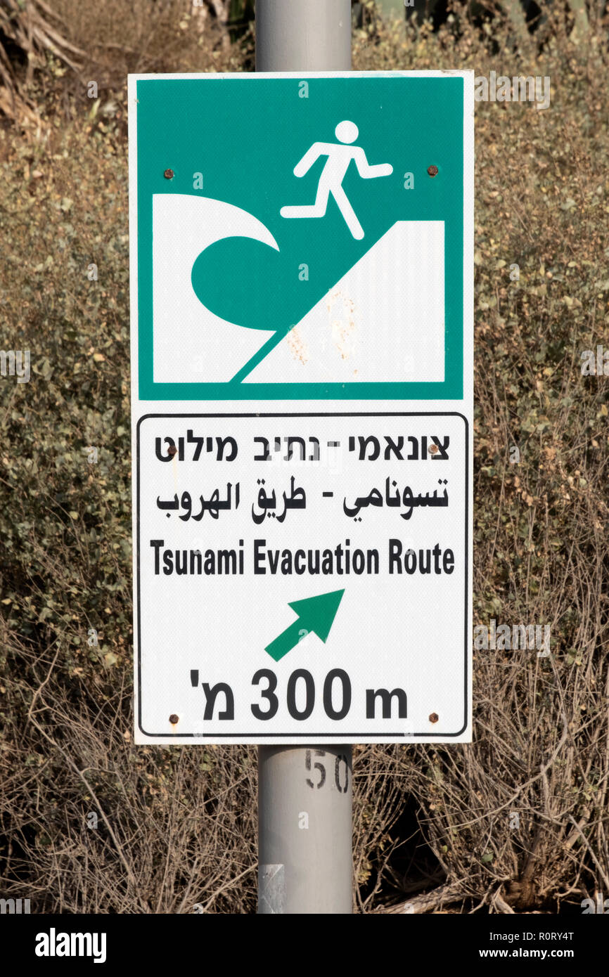 Un signe montrant une voie d'évacuation Tsunami écrit en hébreu, anglais et arabe. Sur la piste cyclable Spitz Jim à Tel Aviv, Israël. Banque D'Images