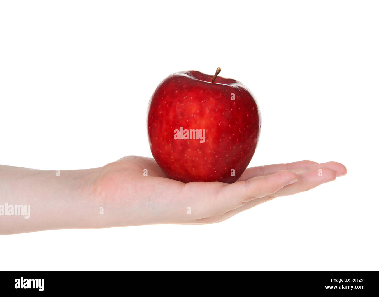 Jeune femme main tenant une pomme rouge délicieuse dans ouvrez palm isolé sur fond blanc. Banque D'Images