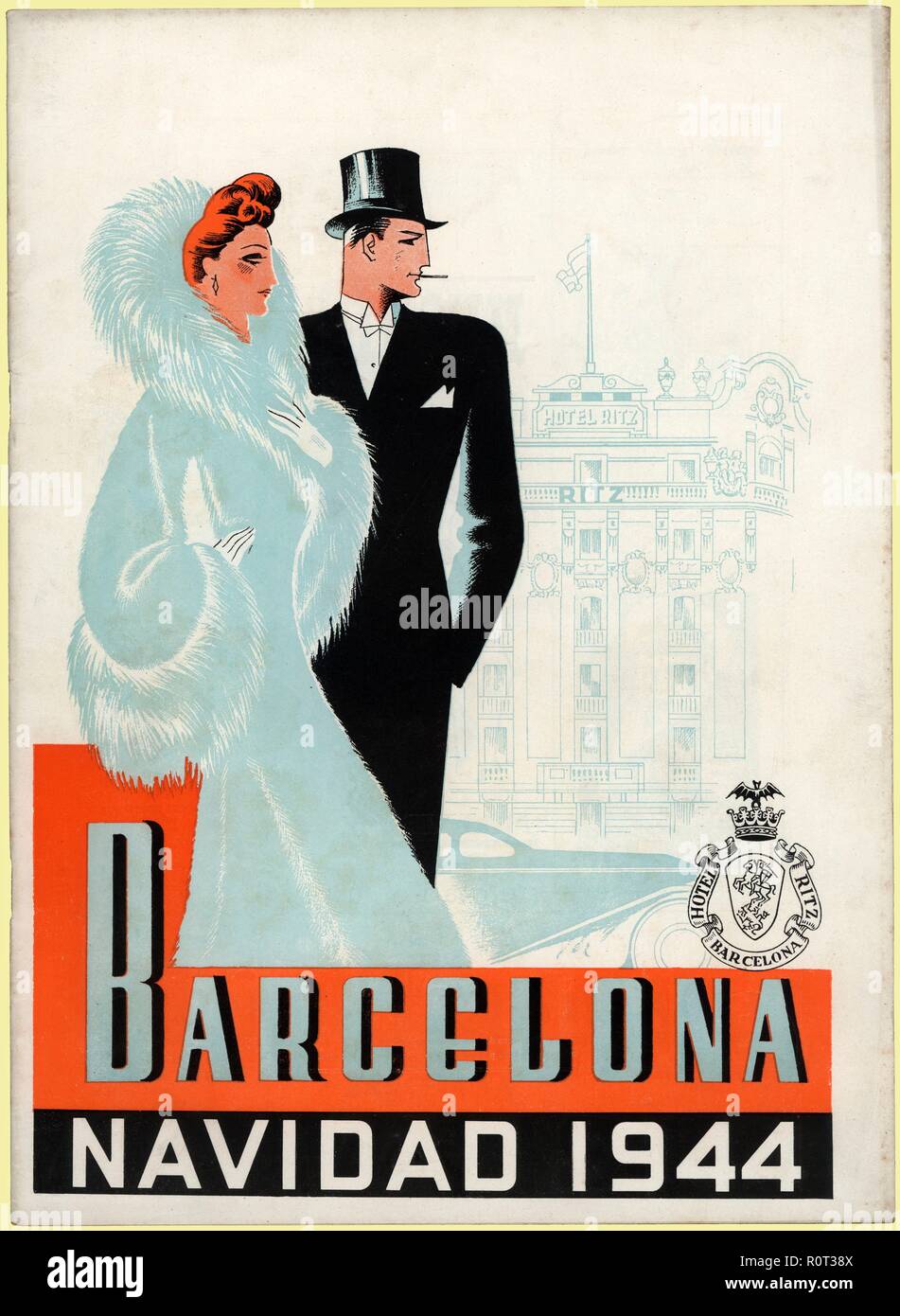 Portada de la revista Hotel Ritz dedicada a las fiestas de Navidad de Barcelona. Año 1944. Banque D'Images