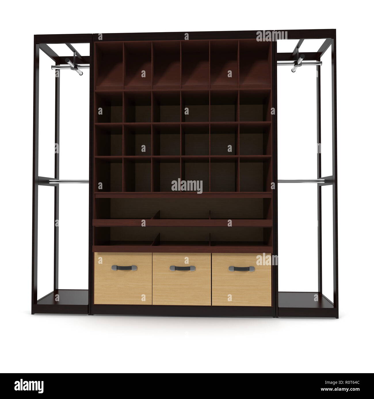 Vêtements en bois vides de présentoir sur blanc. 3D illustration Banque D'Images