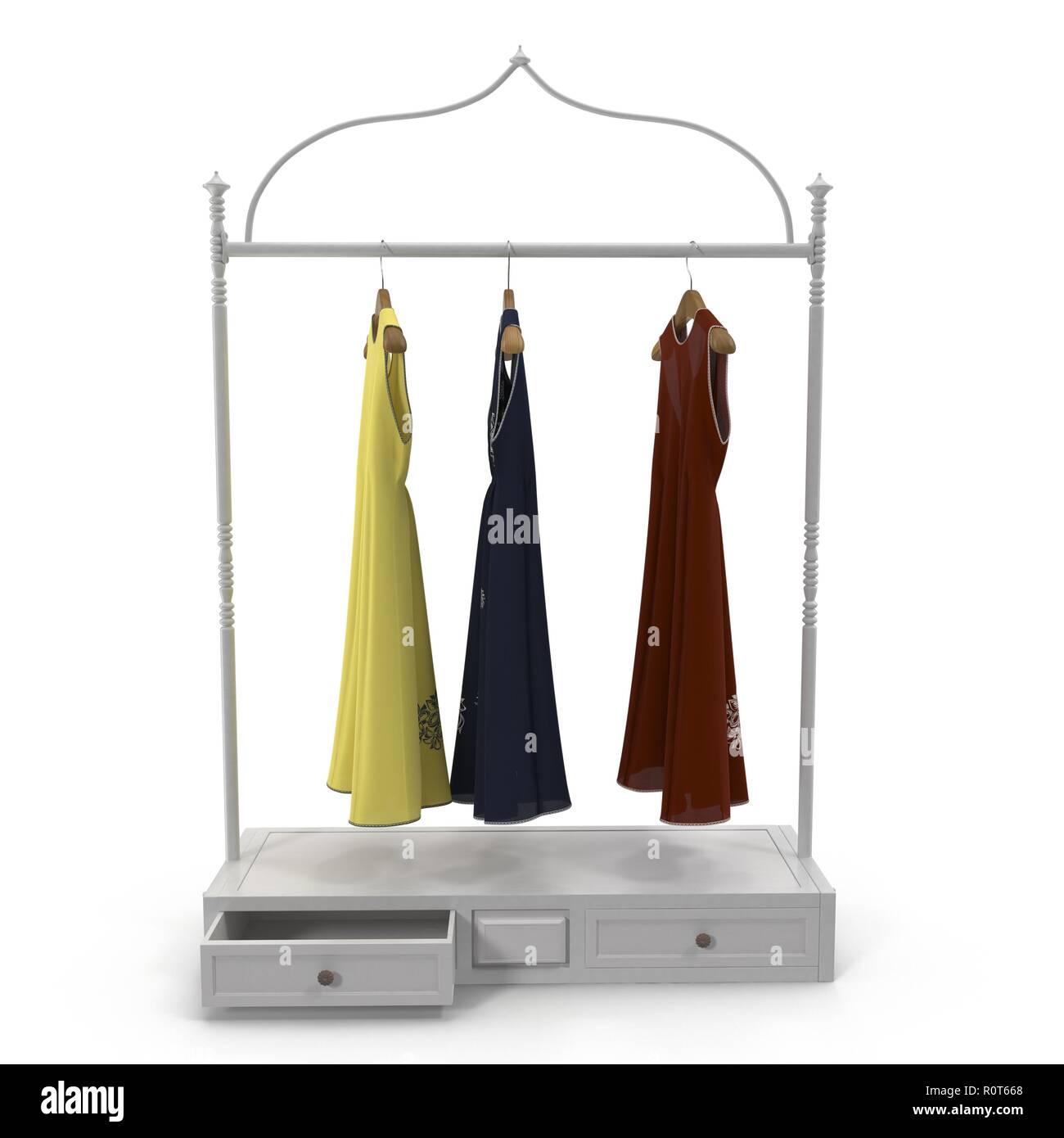 Fer à repasser les vêtements avec des robes sur blanc. Vue de face. 3D illustration Banque D'Images