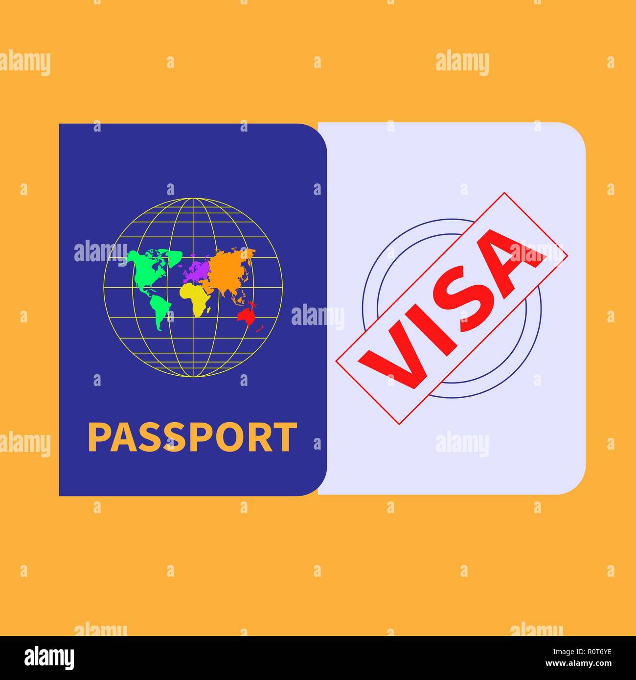 Passeport étranger et tampon de visa. Modèle plat. Vector Illustration. Illustration de Vecteur