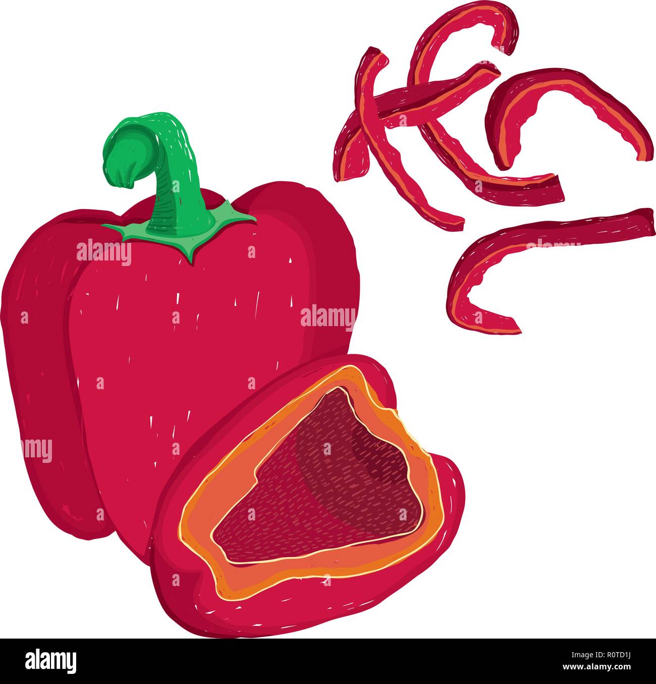 Pictural vecteur ensemble de red bell peper, cru et en julienne. Modulable, modifiable illustration isolé sur un fond blanc. L'utiliser pour les recettes Illustration de Vecteur