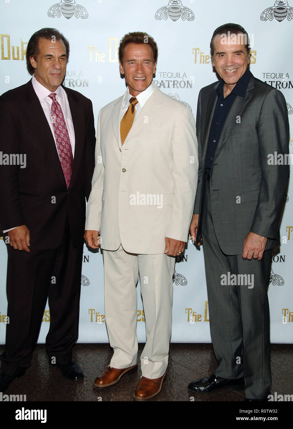 Chaz Palminteri, le directeur Robert Davi et Arnold Schwarzenegger en arrivant à la ducs, projection spéciale au niveau du directeur Guild Of America à Los Banque D'Images