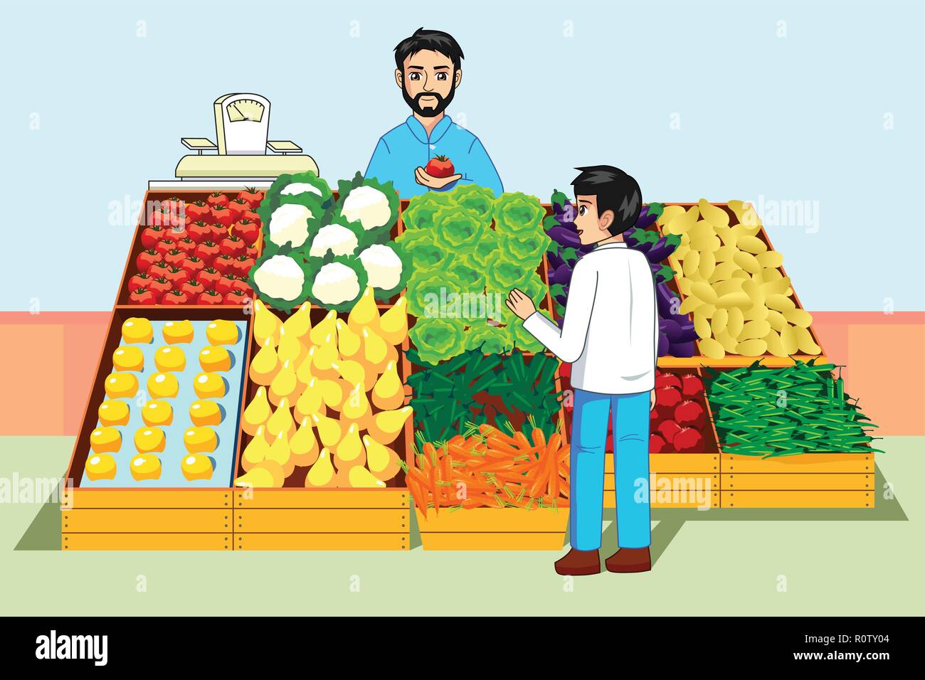 Un vecteur illustration de garçon l'achat de fruits et légumes au marché de fermiers Illustration de Vecteur