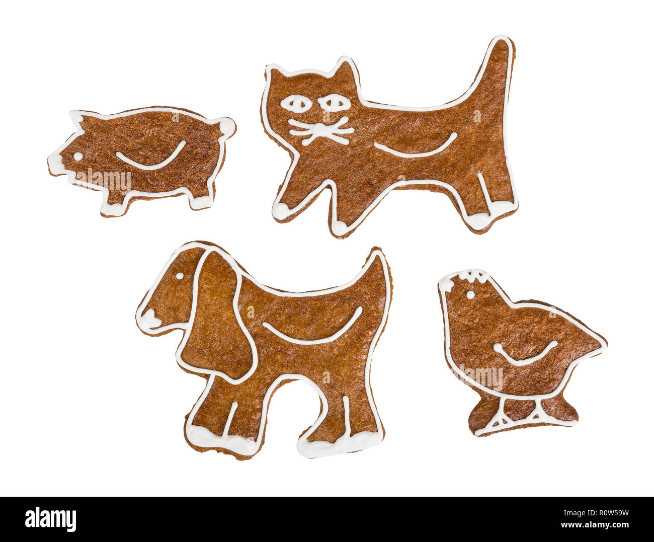 Cute gingerbreads set. Dans la région de kitty, doggy, piggy, poulet et forme. Sweet cookies de Noël décoré par le givrage. Noël, Nouvel an, la fête des enfants, un anniversaire. Banque D'Images