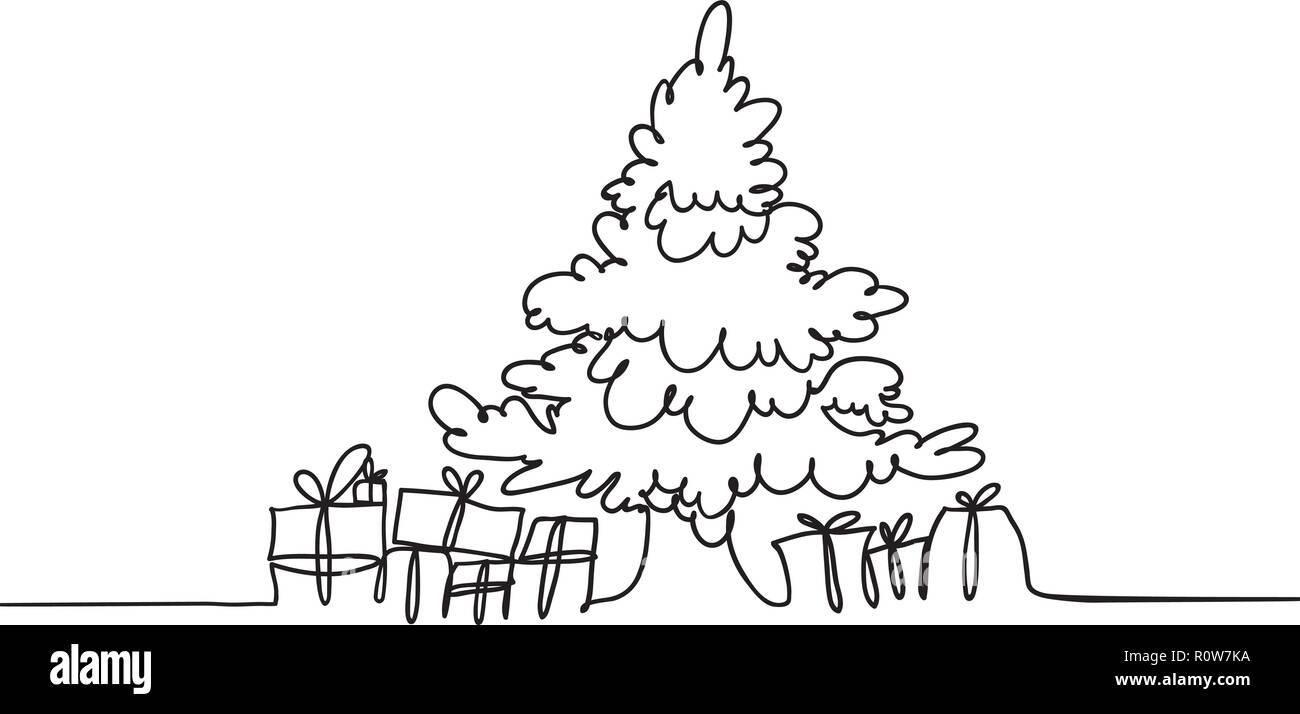 Joyeux Noel Une Ligne Banner Vecteur Arbre De Noel Et Une Ligne Continue Art Dessins Graphiques Image Vectorielle Stock Alamy