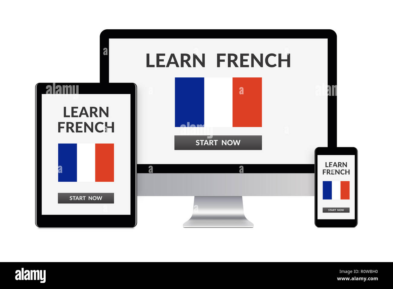 Ordinateur de bureau, tablette et smartphone isolé sur blanc avec concept apprendre le français à l'écran. Les appareils numériques générés. Banque D'Images