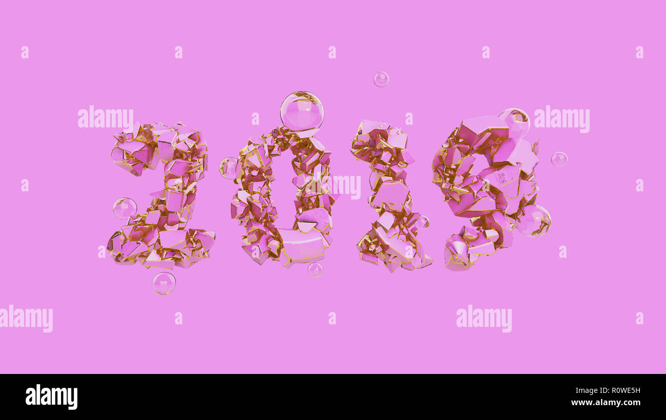 Bonne année 2019 avec bandeau couleur rose très tendance et numéros d'or faite par éclats de pierre fissurée isoler sur fond rose avec des éclats de verre. abstract 3d illustration Banque D'Images