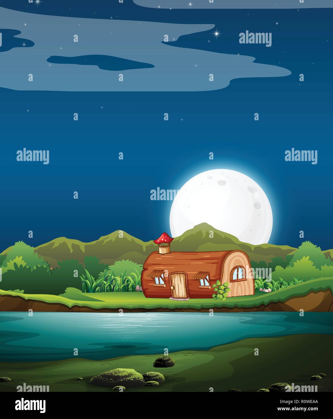 Maison en bois dans la nuit enchantée illustration Illustration de Vecteur