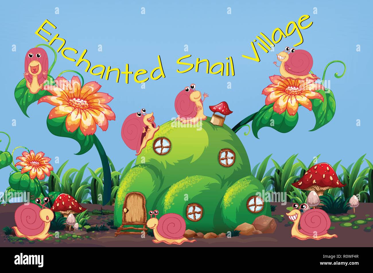 Illustration modèle village escargot enchantée Illustration de Vecteur