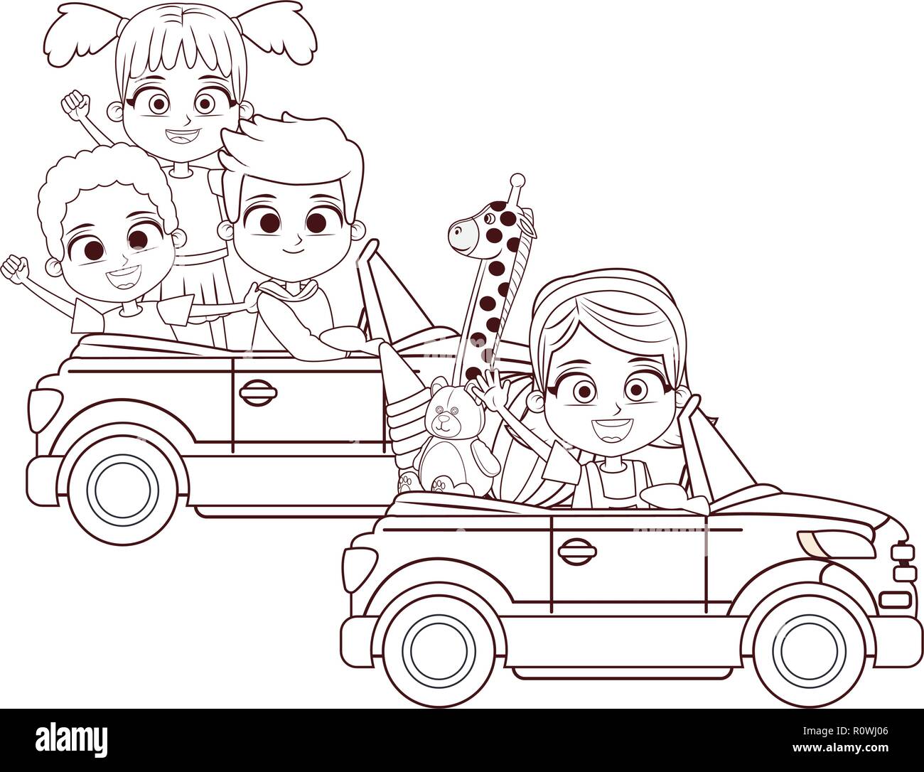 Conduire les enfants deux voitures noir et blanc Illustration de Vecteur