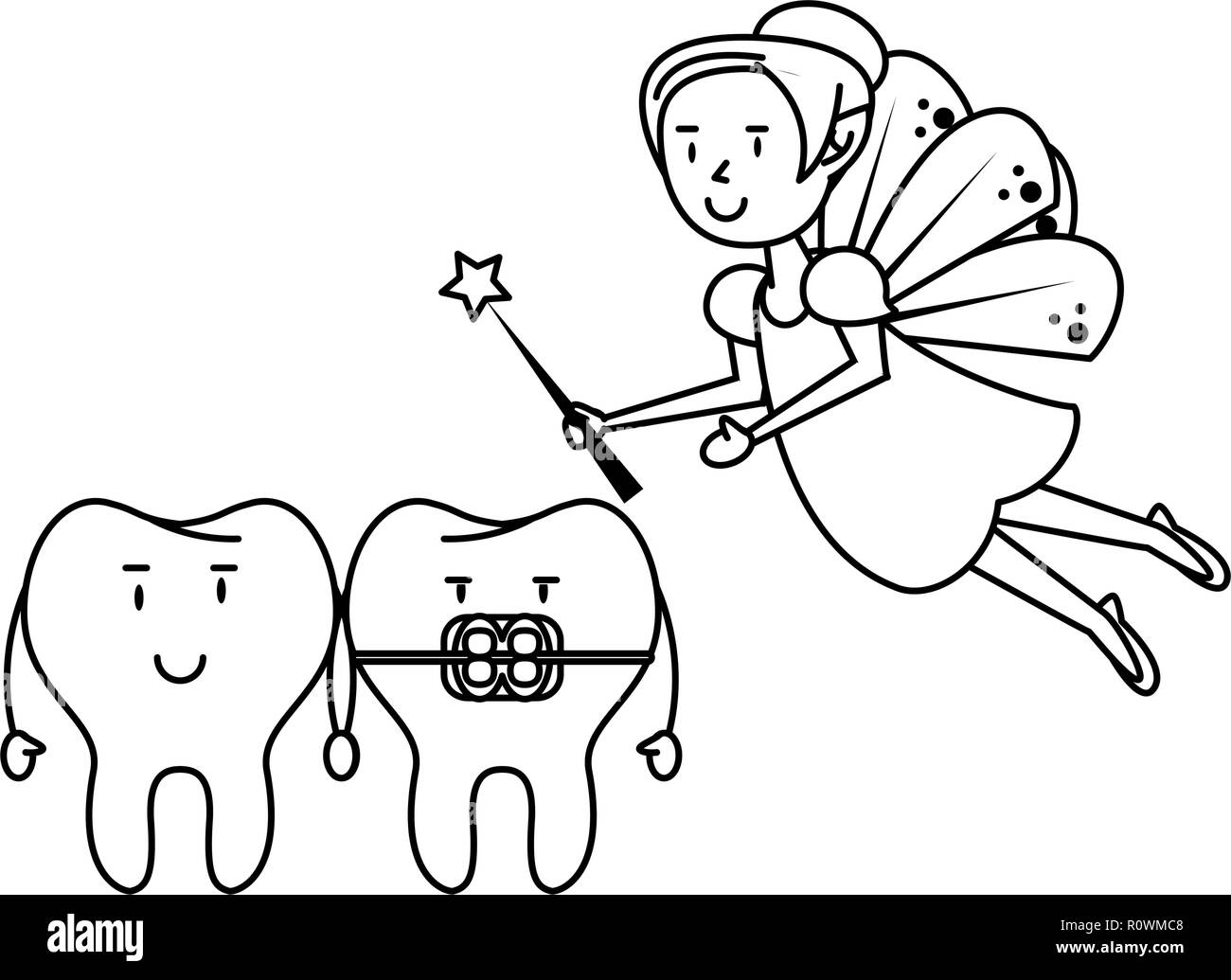 Fée dessin animé en noir et blanc de soins dentaires Image Vectorielle