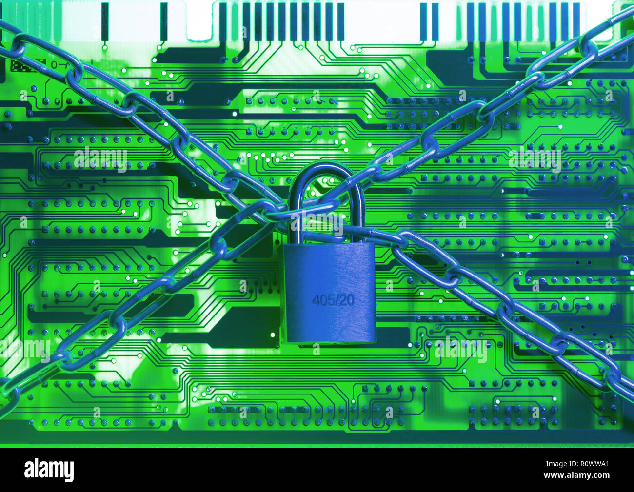 Cyberattacke Vorhaengeschloss mit, Platine Banque D'Images