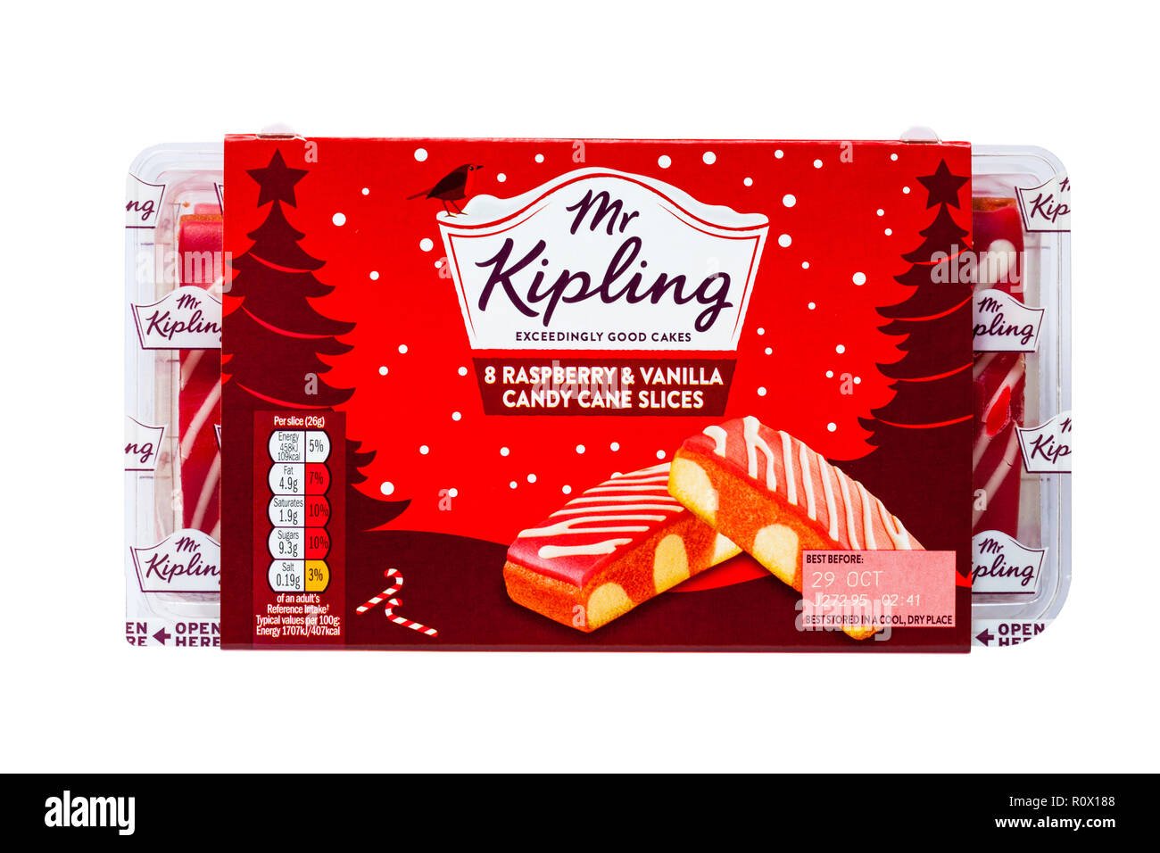 Sachet de Mr Kipling 8 vanille framboise et tranches de canne isolé sur fond blanc - très bons gâteaux Banque D'Images
