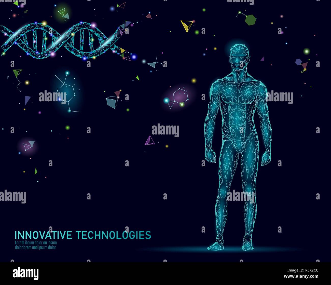 L'anatomie du corps humain abstrait. L'innovation en sciences de l'ingénierie de l'ADN. La technologie de superman Recherche en santé médecine le clonage du génome low poly géométriques polygonales rendu 3D Réalité virtuelle vector illustration Illustration de Vecteur