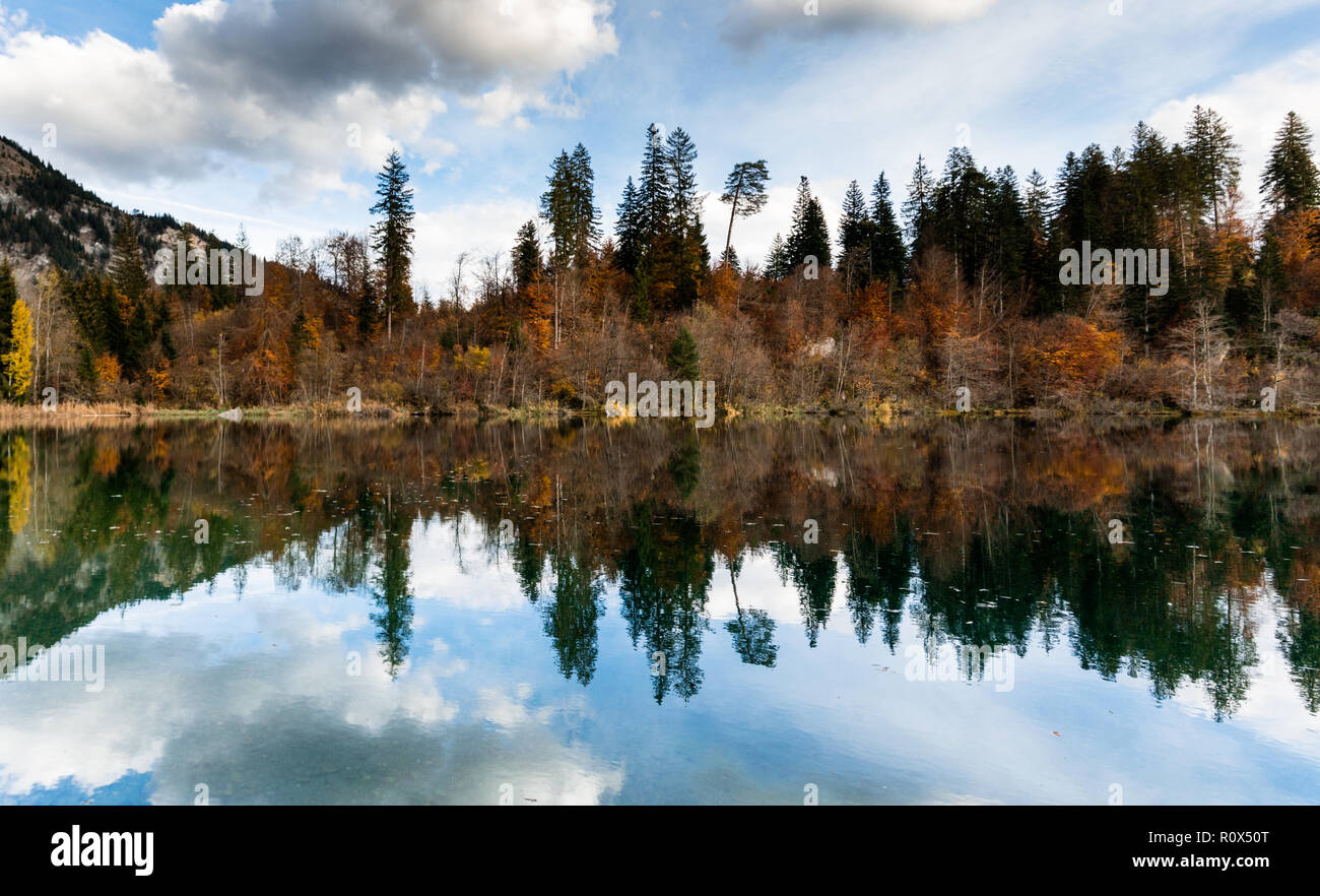 La couleur de l'automne et le feuillage des forêts entourent une paysage lac de montagne idyllique dans les Alpes de Suisse sur la fin de l'automne une journée avec reflets dans l'eau Banque D'Images