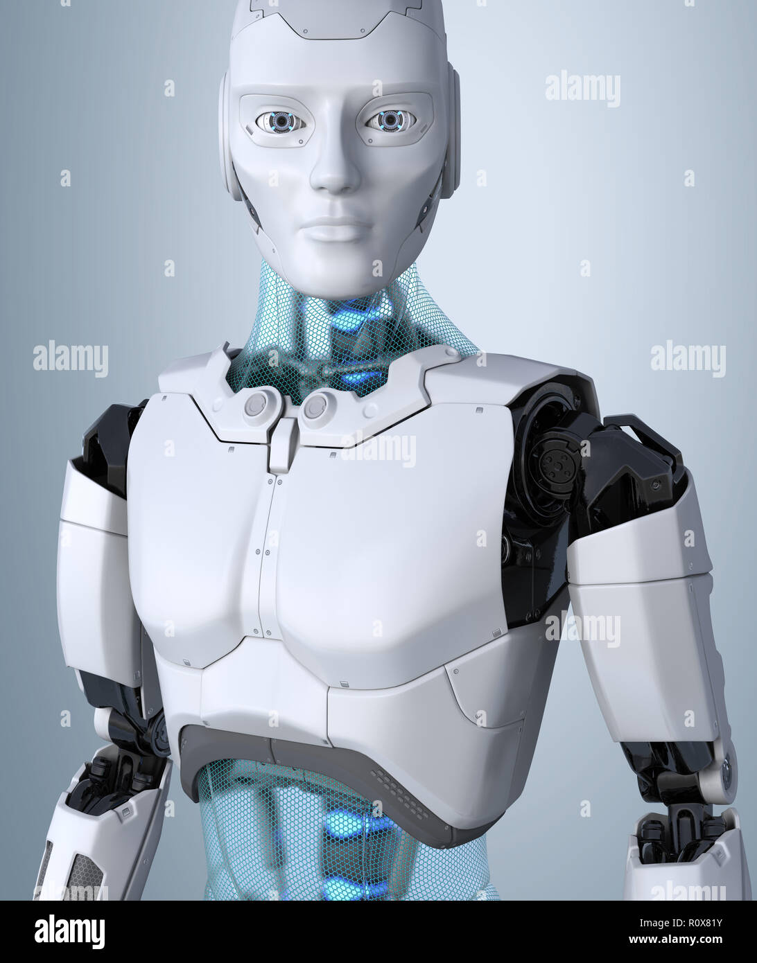 Android Robot posant sur un fond gris clair. 3D illustration Banque D'Images