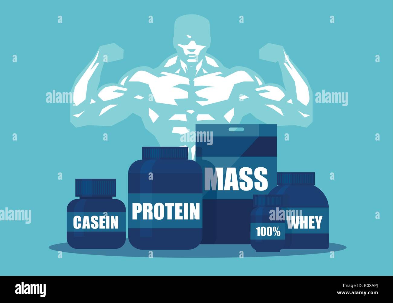 Vecteur de cocktail de protéines ads. Boîtes de poudre sur la nutrition sportive avec un bodybuilder sur l'arrière-plan Illustration de Vecteur