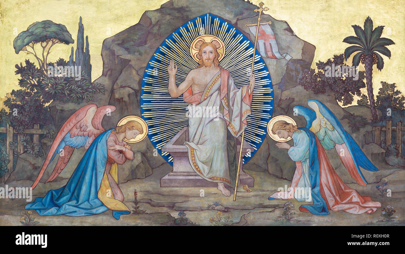 PRAGUE, RÉPUBLIQUE TCHÈQUE - le 17 octobre 2018 : la fresque de la résurrection à l'église kostel Svateho Cyrila Metodeje probablement par František Sequens Banque D'Images