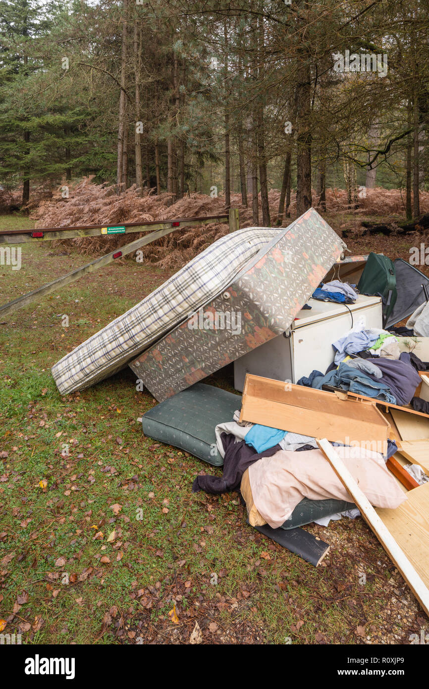 Les décharges sauvages, déchets ménagers à voler, New Forest, Hants Banque D'Images