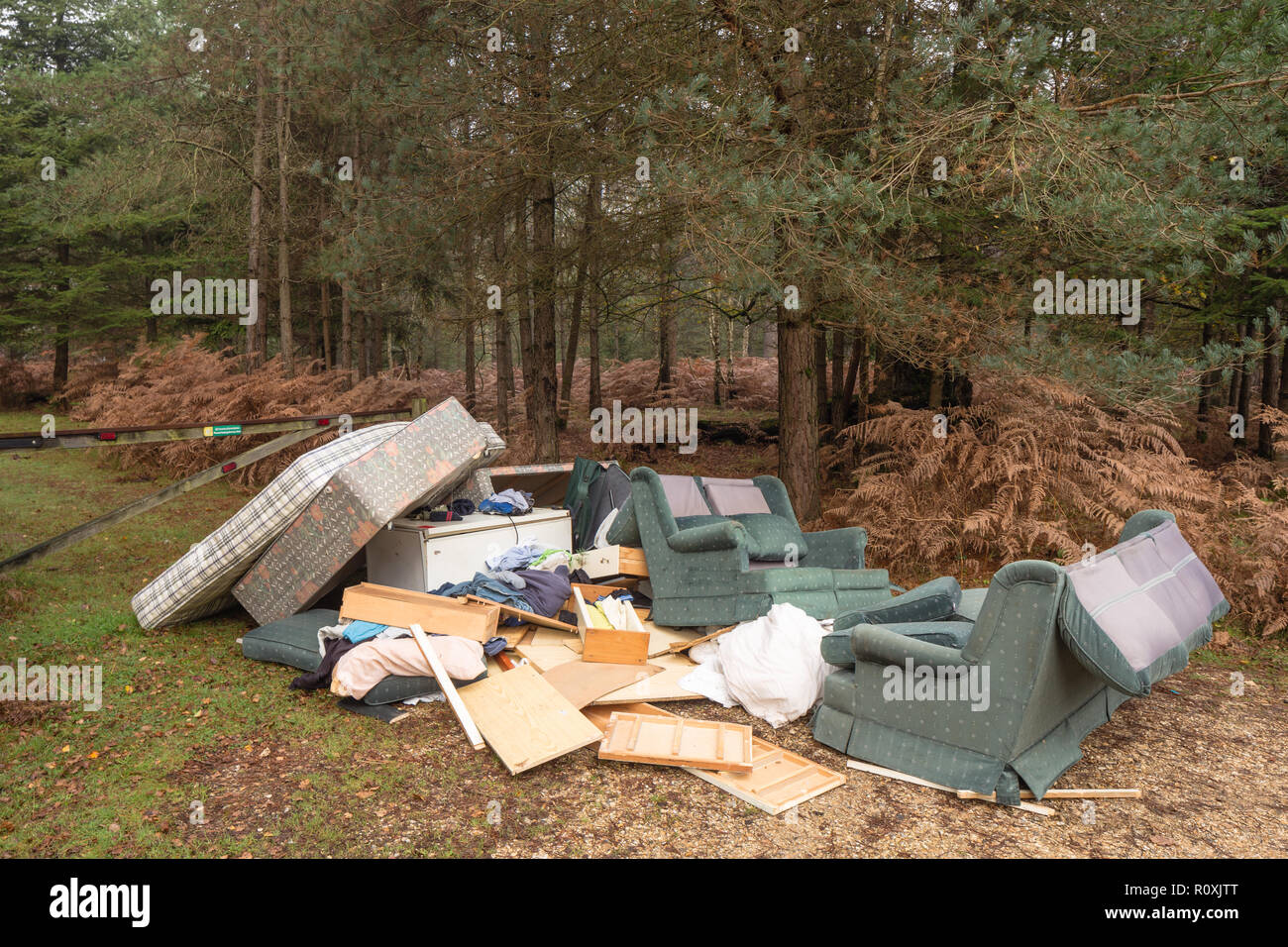 Les décharges sauvages, déchets ménagers à voler, New Forest, Hants Banque D'Images