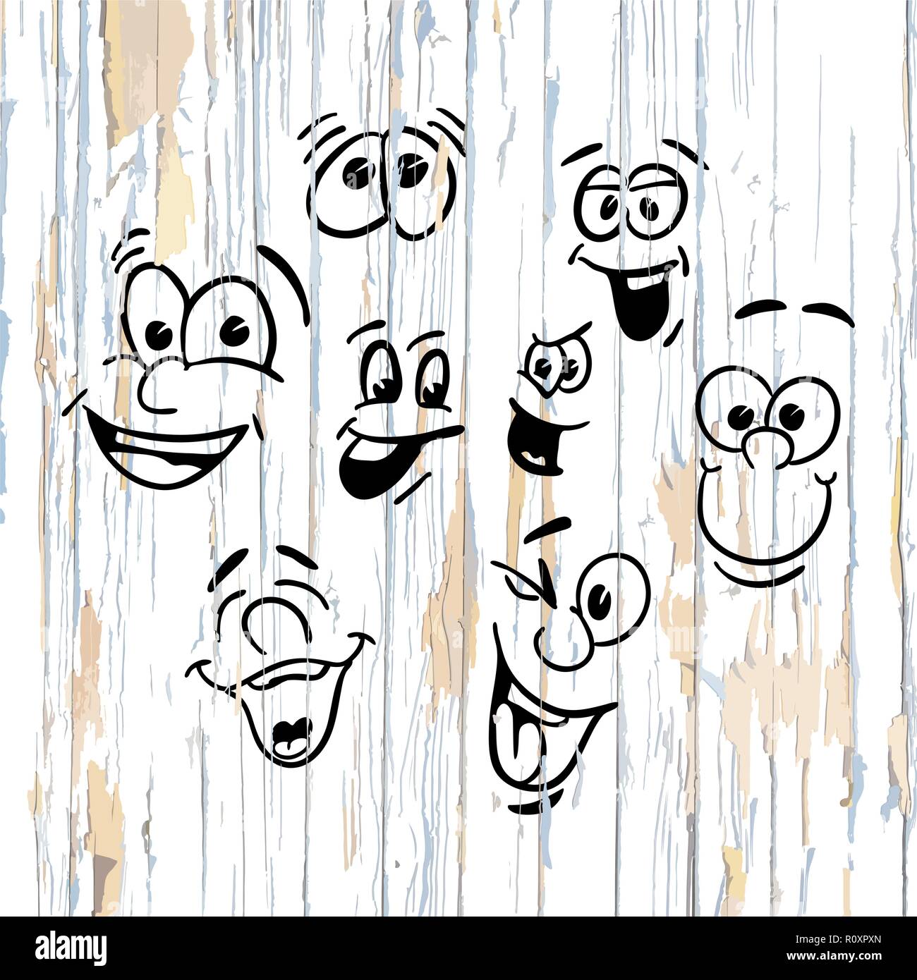 Les visages souriants des dessins sur fond de bois. Vector illustration dessinée à la main. Illustration de Vecteur