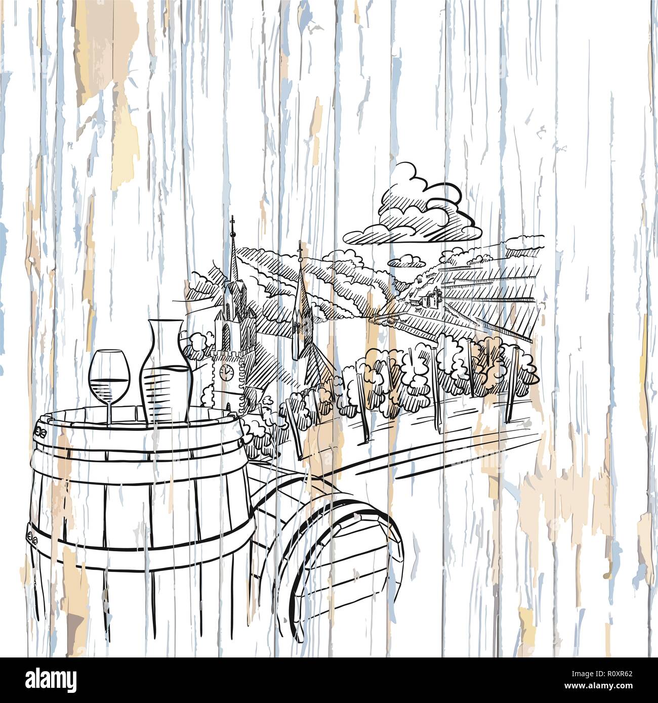 Vin et vignoble sur fond de bois. Vector illustration dessinée à la main. Illustration de Vecteur