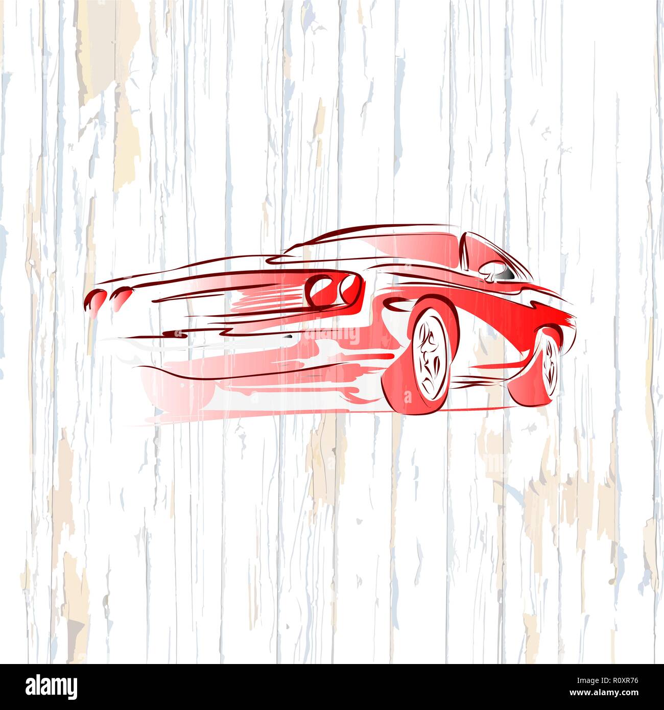 Vintage muscle car s'appuyant sur fond de bois. Vector illustration dessinée à la main. Illustration de Vecteur