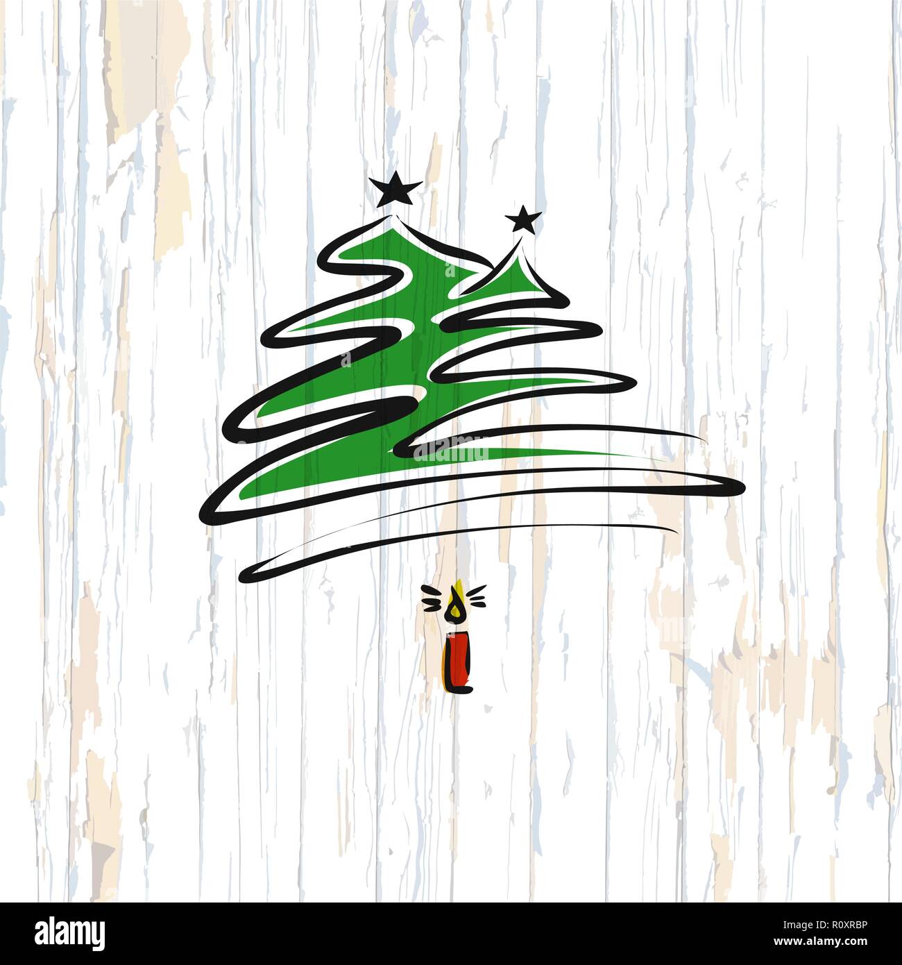 Dessin calligraphique de l'arbre de Noël sur fond de bois. Vector illustration dessinée à la main. Illustration de Vecteur