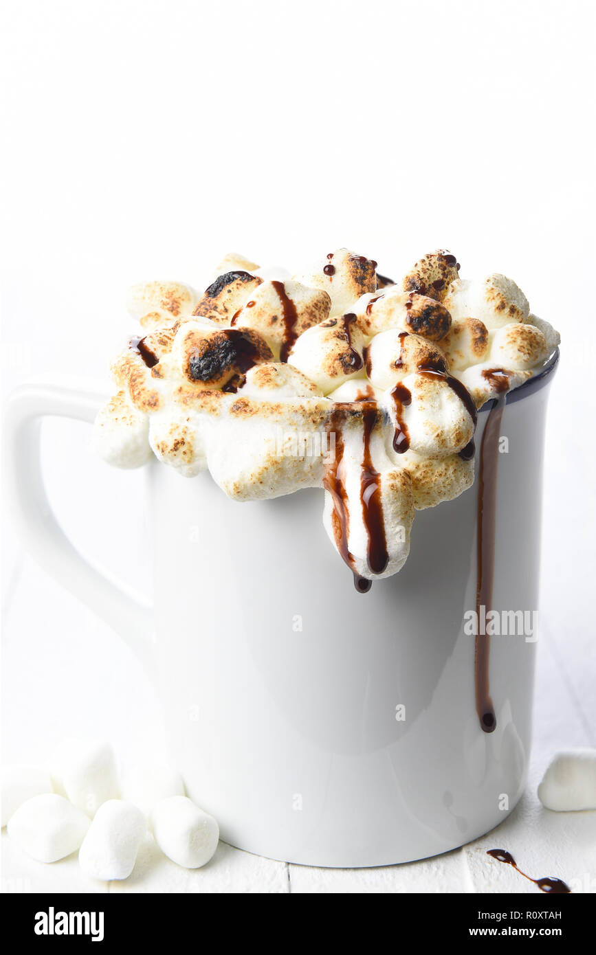 Libre d'une tasse de chocolat chaud avec des guimauves grillées sur un fond blanc. Banque D'Images