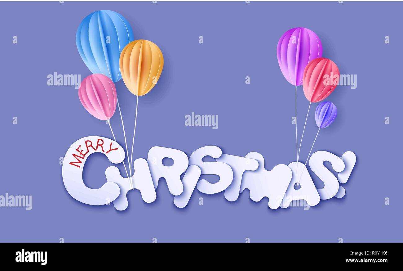 Joyeux Noël signature lettrage découpées dans du papier et couleur et ballon. Vector illustration. Coupe papier hiver craft design. Illustration de Vecteur