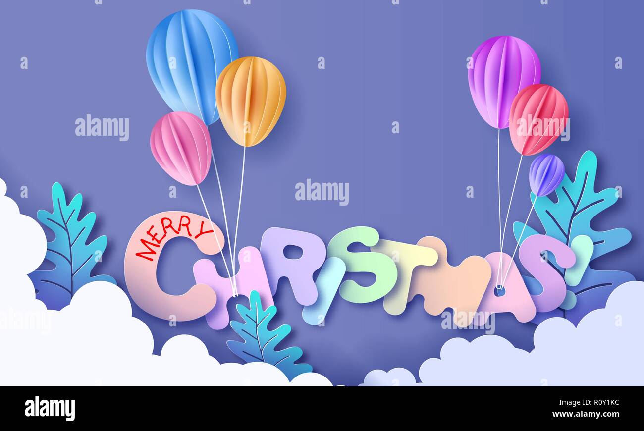 Joyeux Noël signature lettrage découpées dans du papier et couleur et ballon. Vector illustration. Coupe papier hiver craft design. Illustration de Vecteur