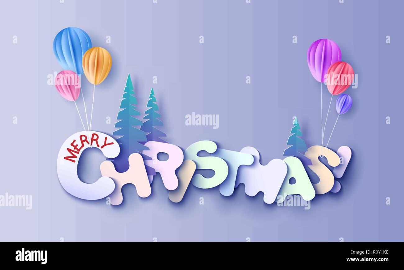 Joyeux Noël signature lettrage découpées dans du papier et couleur et ballon. Vector illustration. Coupe papier hiver craft design. Illustration de Vecteur