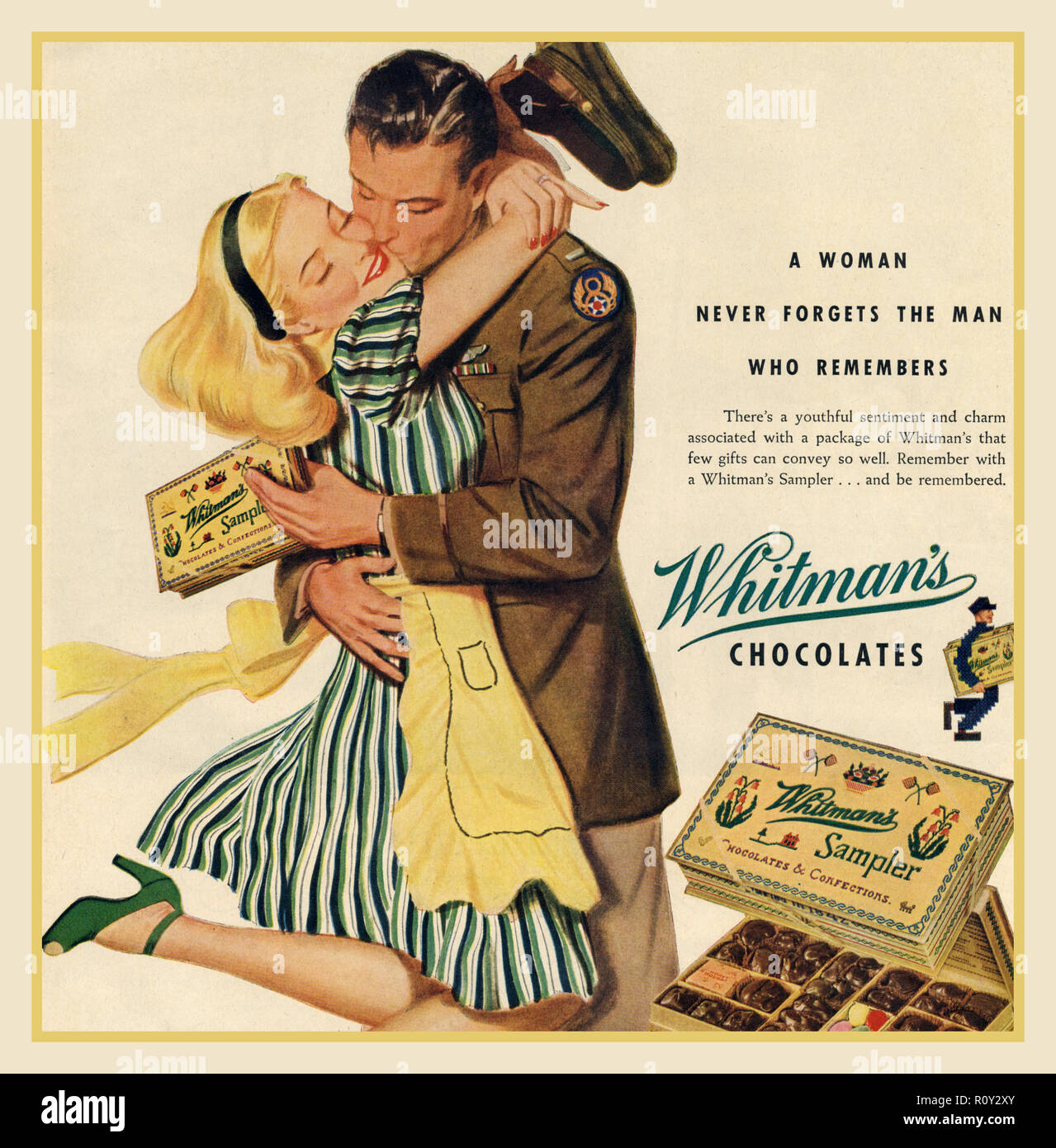 Vintage WW2 Chocolate annonce des années 1940 'le chocolat est un aliment de combat!' – Les barres de chocolat de la Seconde Guerre mondiale avec un militaire américain rentrant chez lui à partir de WW2 avec une boîte de chocolats Whitman « Une femme ne oublie jamais un homme qui se souvient » des États-Unis Banque D'Images