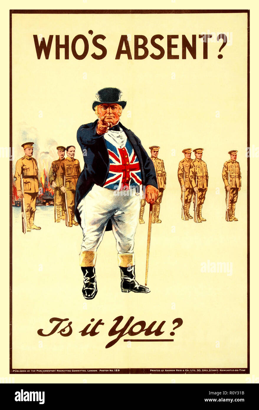 Vintage WW1 affiche de propagande de recrutement 'Qui est absent - Est-ce vous ?' - Affiche de recrutement britannique en utilisant le personnage de John Bull 1914 Banque D'Images