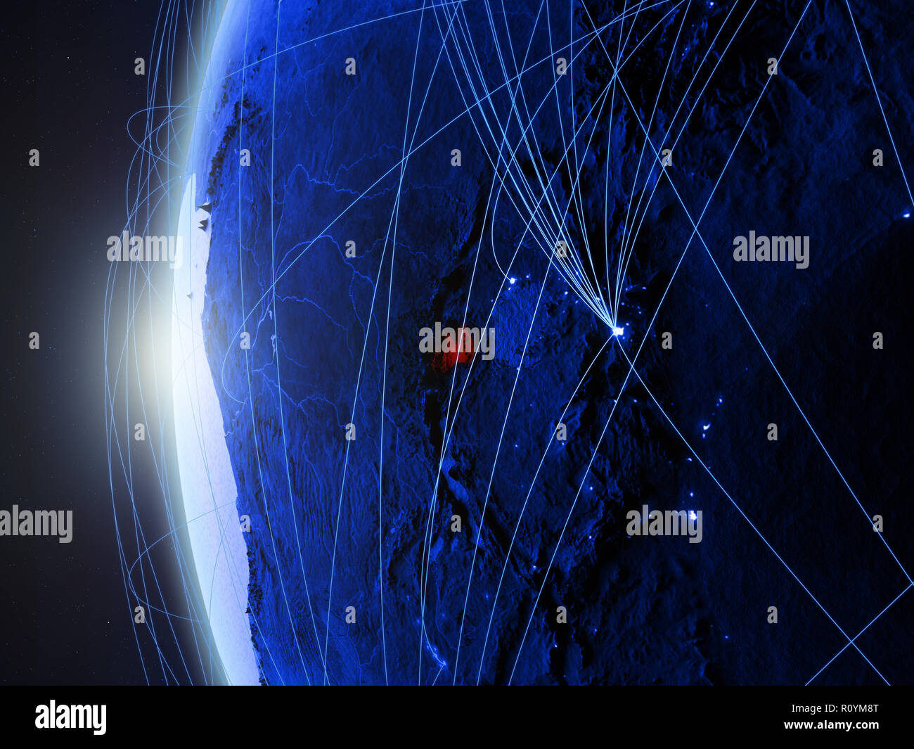 Le Rwanda à partir de l'espace sur bleu modèle numérique de Terre avec réseau international. Concept de communication numérique bleu ou le voyage. 3D illustration. Element Banque D'Images