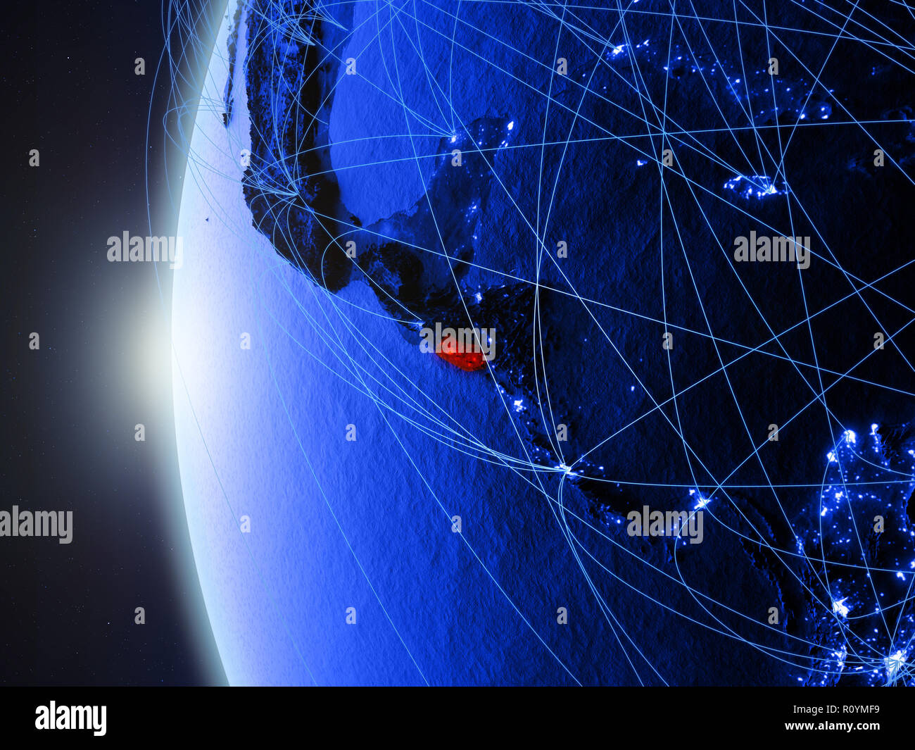 El Salvador à partir de l'espace sur bleu modèle numérique de Terre avec réseau international. Concept de communication numérique bleu ou le voyage. 3D illustration. El Banque D'Images