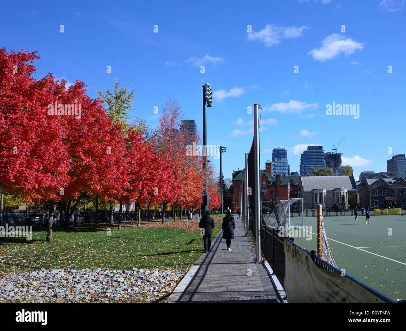 Passerelle sur le campus de l'université avec des couleurs d'automne Banque D'Images