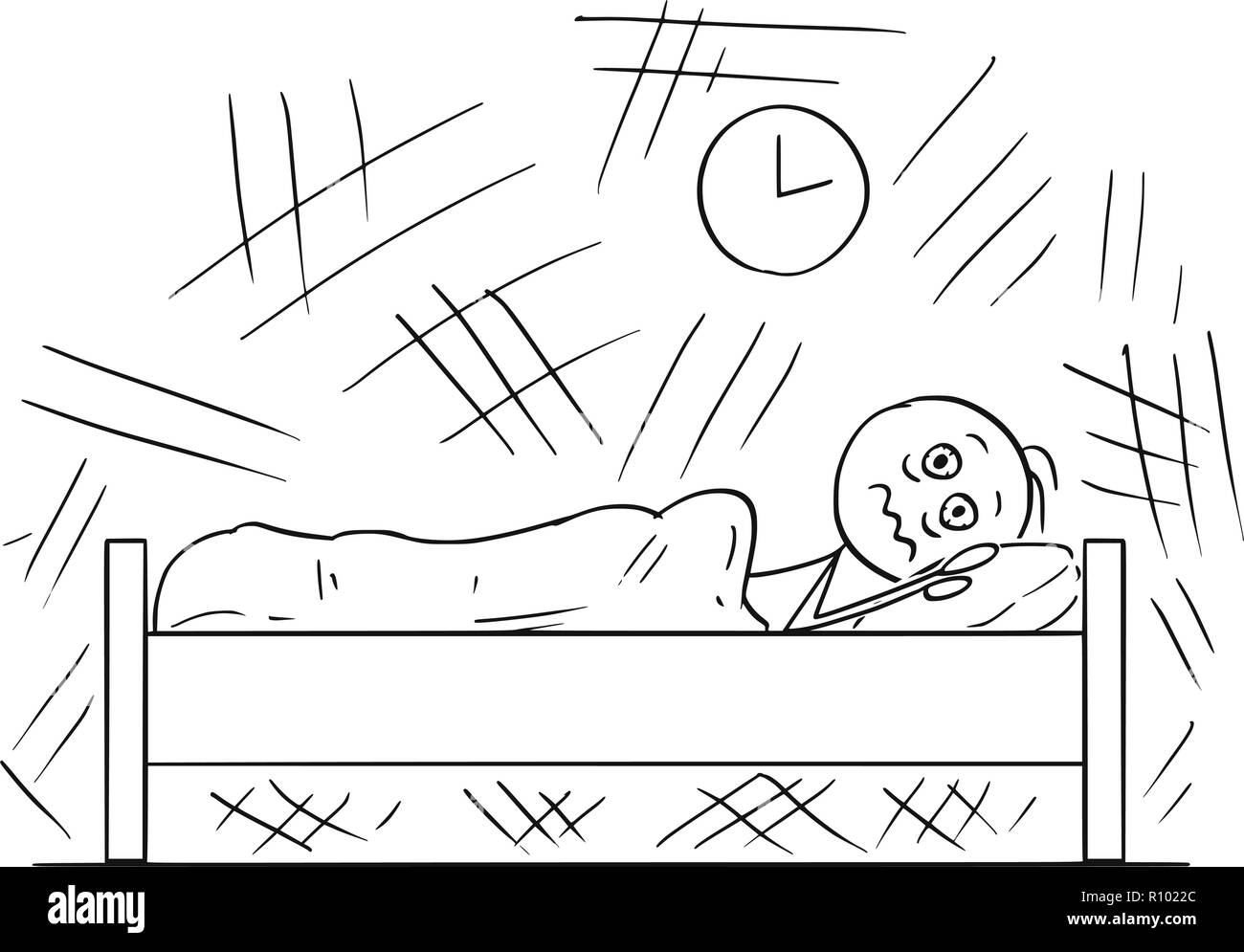 Caricature de l'homme au lit et incapable de dormir à cause de l'Insomnie Illustration de Vecteur