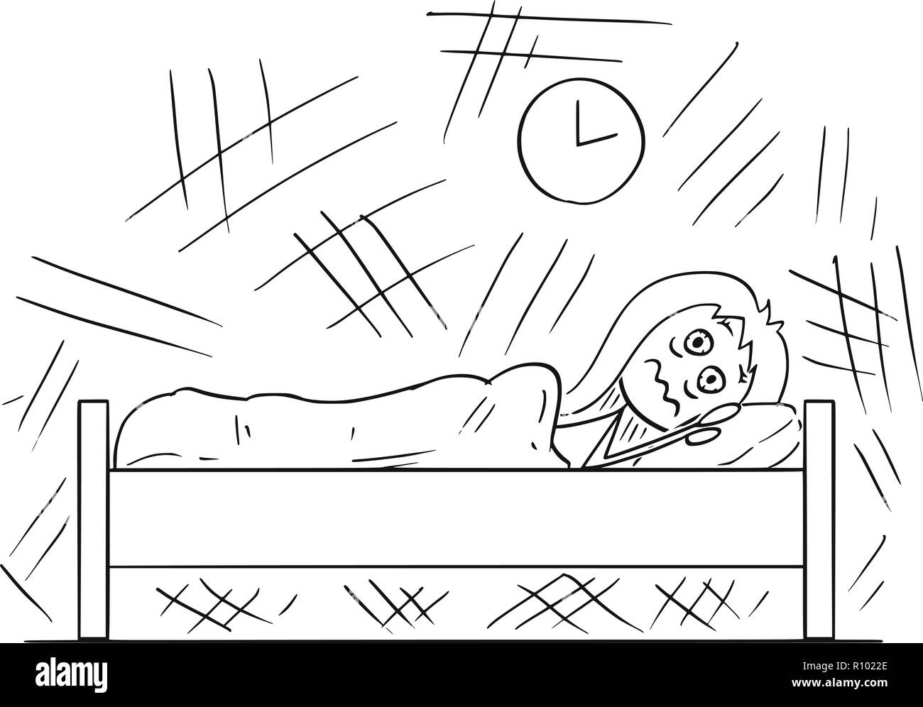 Caricature de la femme au lit et incapable de dormir à cause de l'Insomnie Illustration de Vecteur