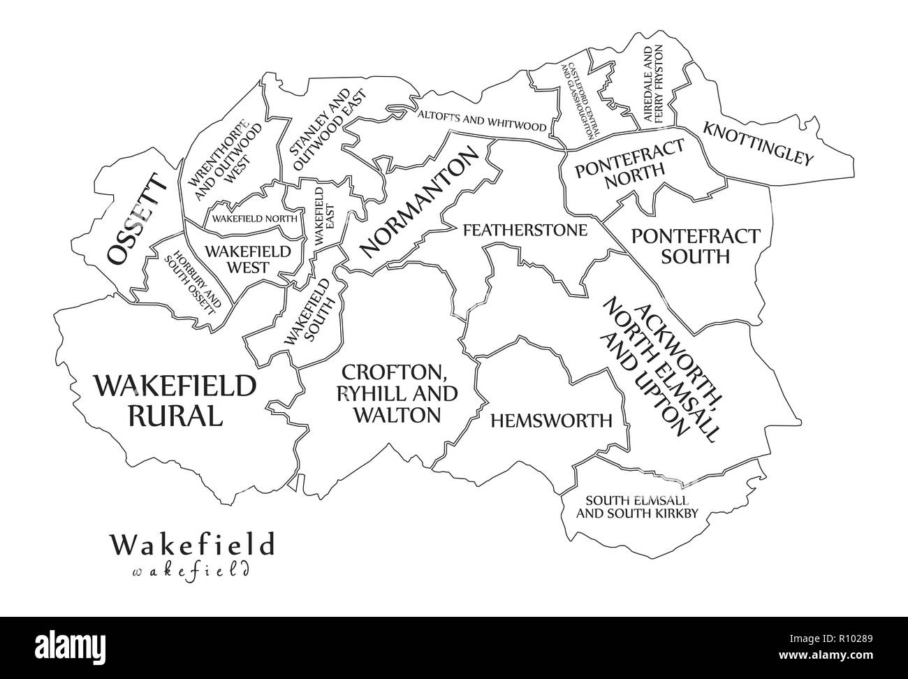 Plan de la ville moderne - ville de Wakefield de l'Angleterre avec des pupilles et titres UK contour plan Illustration de Vecteur