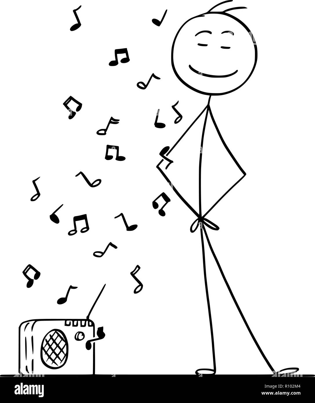 Caricature dessin illustration conceptuelle de stick man bénéficiant d'une écoute de la musique depuis petite radio. Illustration de Vecteur