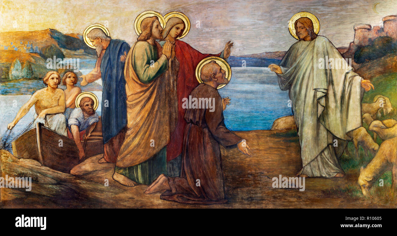 PRAGUE, RÉPUBLIQUE TCHÈQUE - le 13 octobre 2018 : la fresque de la pêche miraculeuse Jésus à l'église kostel Svatého Václava par S. G. Rudl (1900). Banque D'Images PRAGUE, RÉPUBLIQUE TCHÈQUE - le 13 octobre 2018 : la fresque de la pêche miraculeuse Jésus à l'église kostel Svatého Václava par S. G. Rudl (1900). Banque D'Images